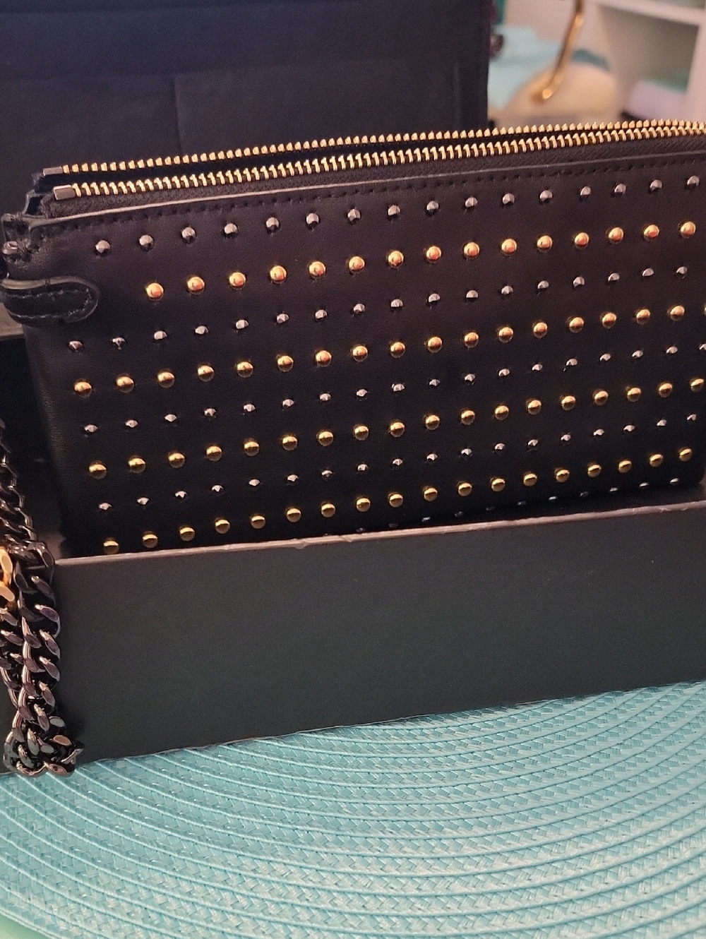 Rebecca Minkoff Black Studded Leather Wristlet with Gold Hardware